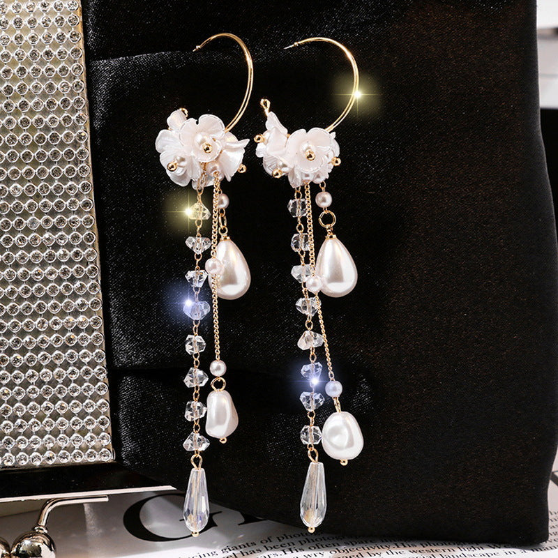 Long Wild Flower Rhinestone Tassel Earrings
