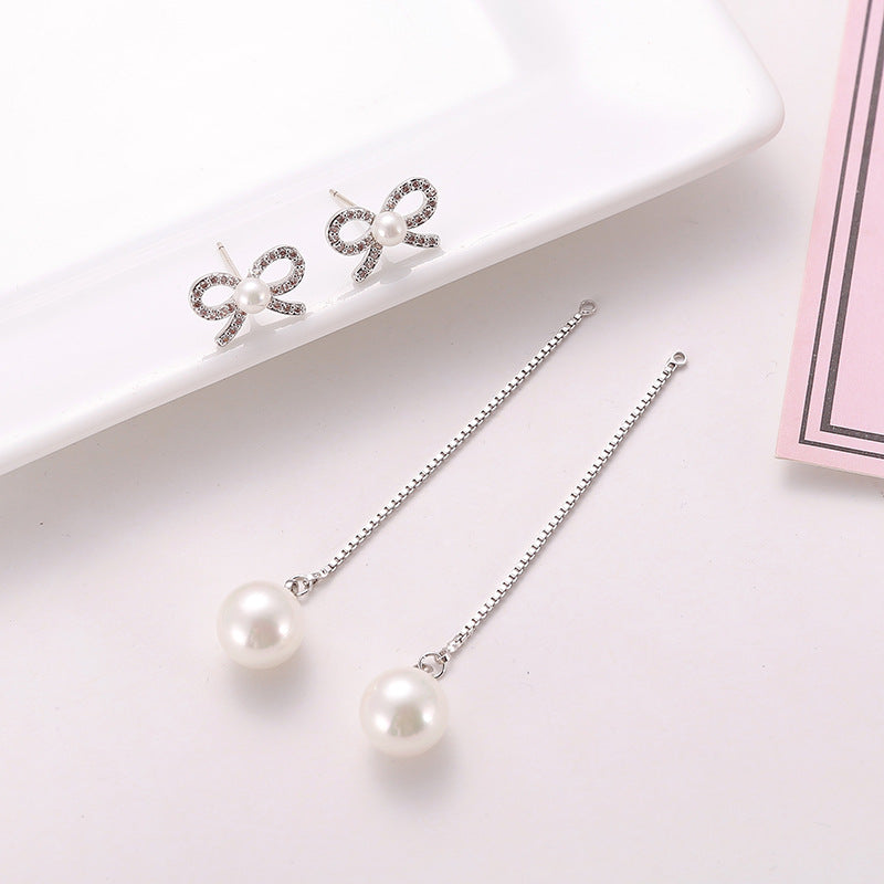 Sterling Silver Needle Bow Earrings Long Pendant Pearl Hypoallergenic Jewelry Two-Way