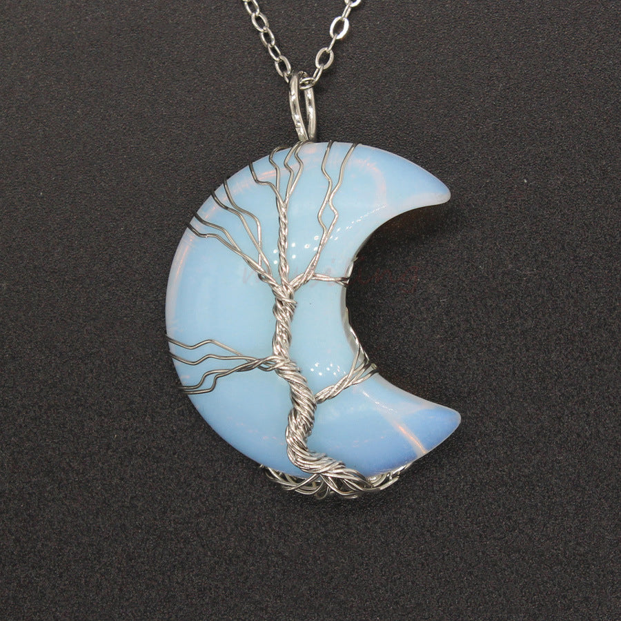 Natural Crystal Moon Pendant Necklace