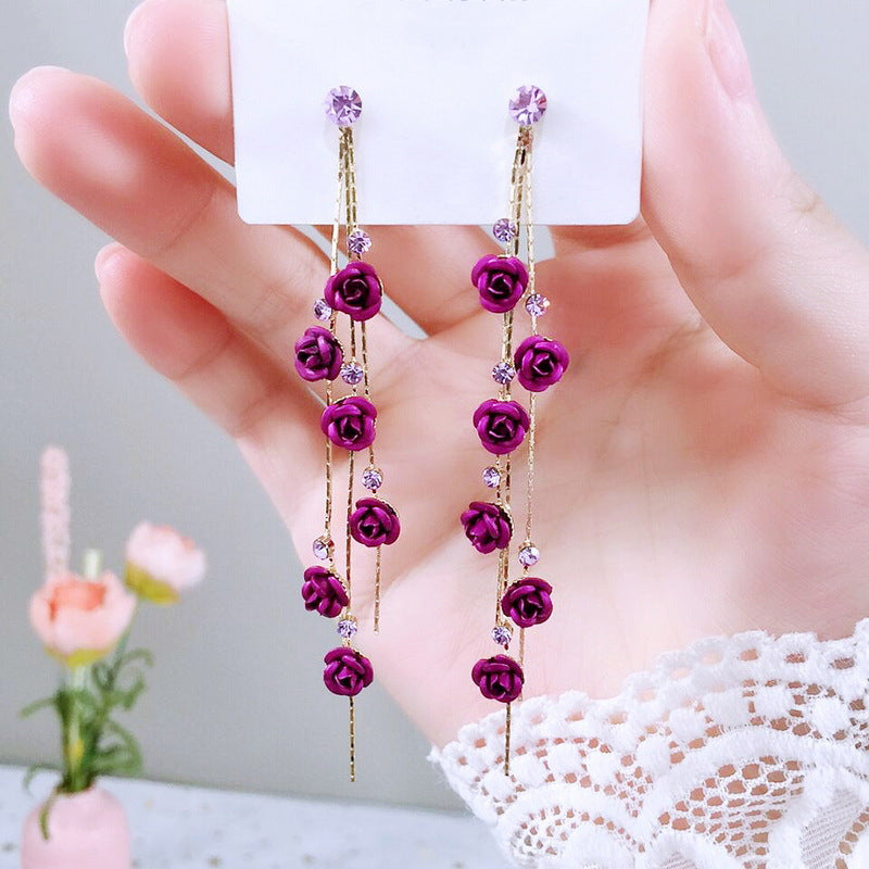 Long Wild Flower Rhinestone Tassel Earrings