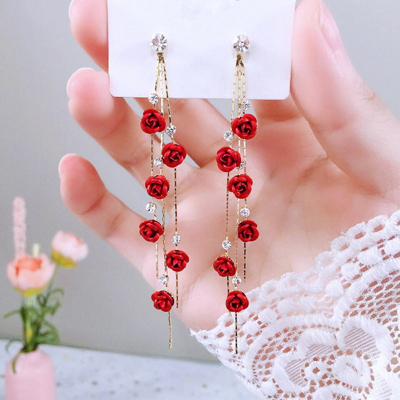 Long Wild Flower Rhinestone Tassel Earrings