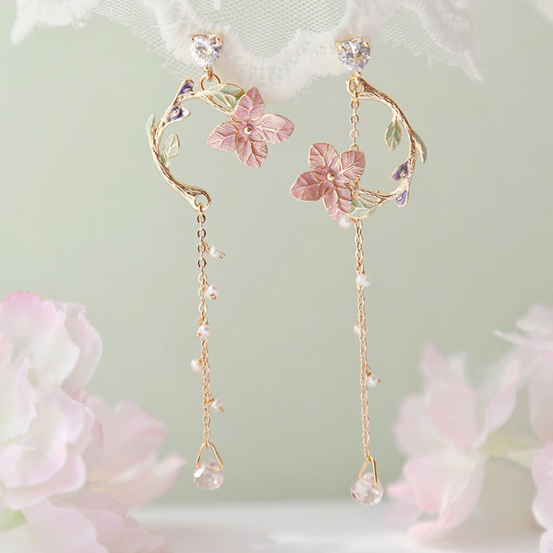 Long Wild Flower Rhinestone Tassel Earrings