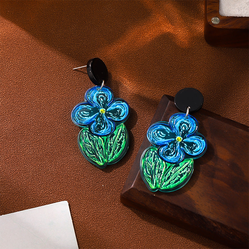 High-grade Oil Painting Blue Summer Flower Earrings