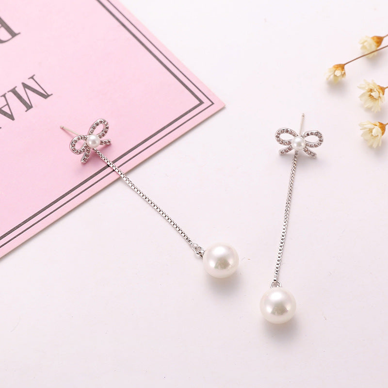 Sterling Silver Needle Bow Earrings Long Pendant Pearl Hypoallergenic Jewelry Two-Way
