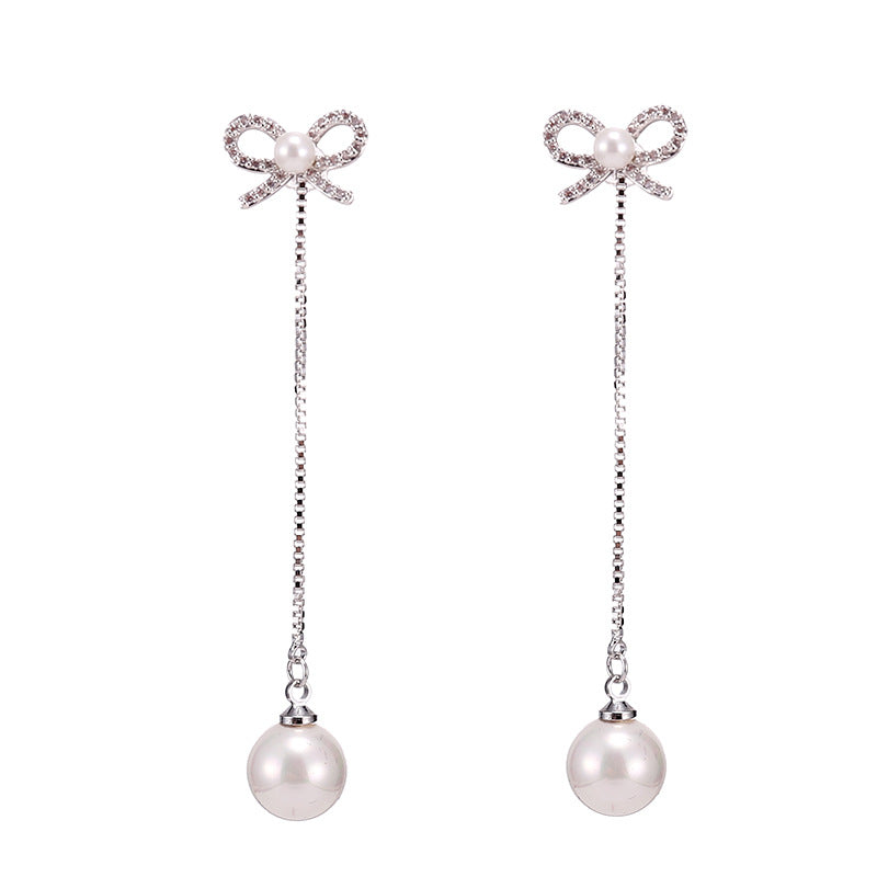 Sterling Silver Needle Bow Earrings Long Pendant Pearl Hypoallergenic Jewelry Two-Way
