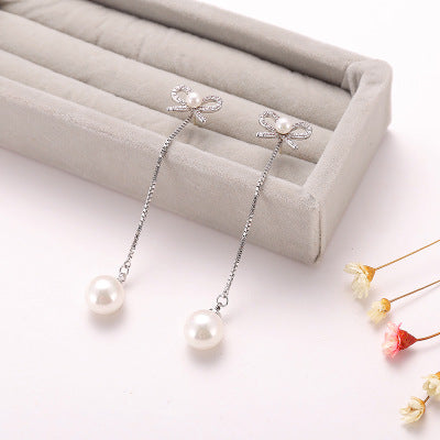 Sterling Silver Needle Bow Earrings Long Pendant Pearl Hypoallergenic Jewelry Two-Way