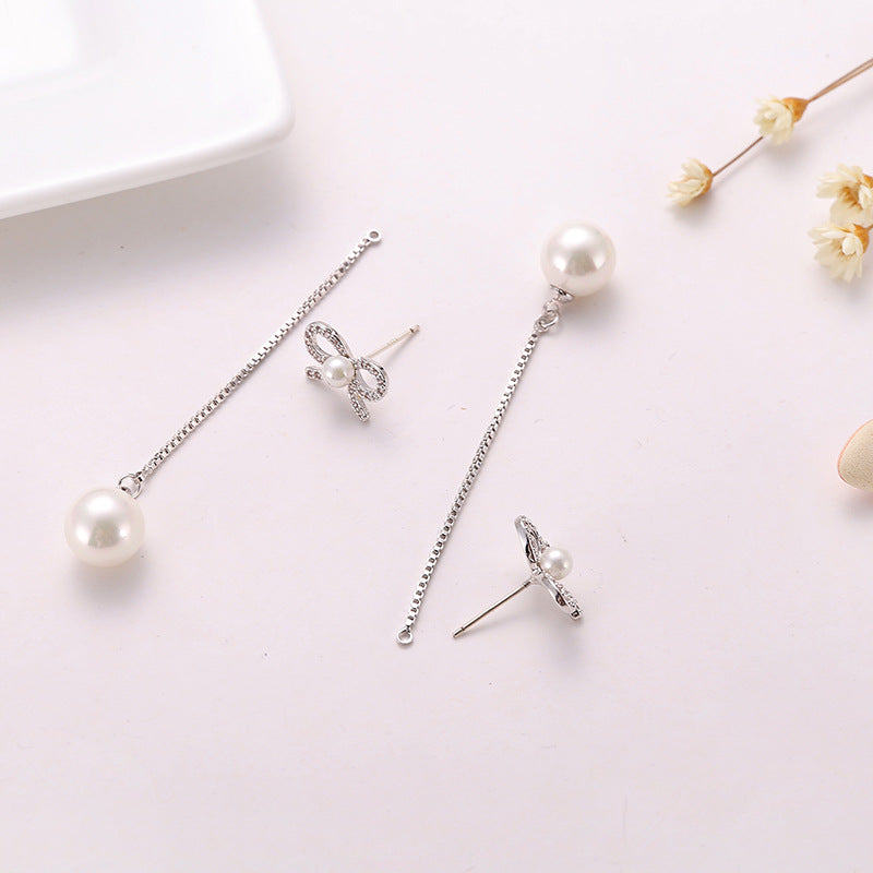 Sterling Silver Needle Bow Earrings Long Pendant Pearl Hypoallergenic Jewelry Two-Way