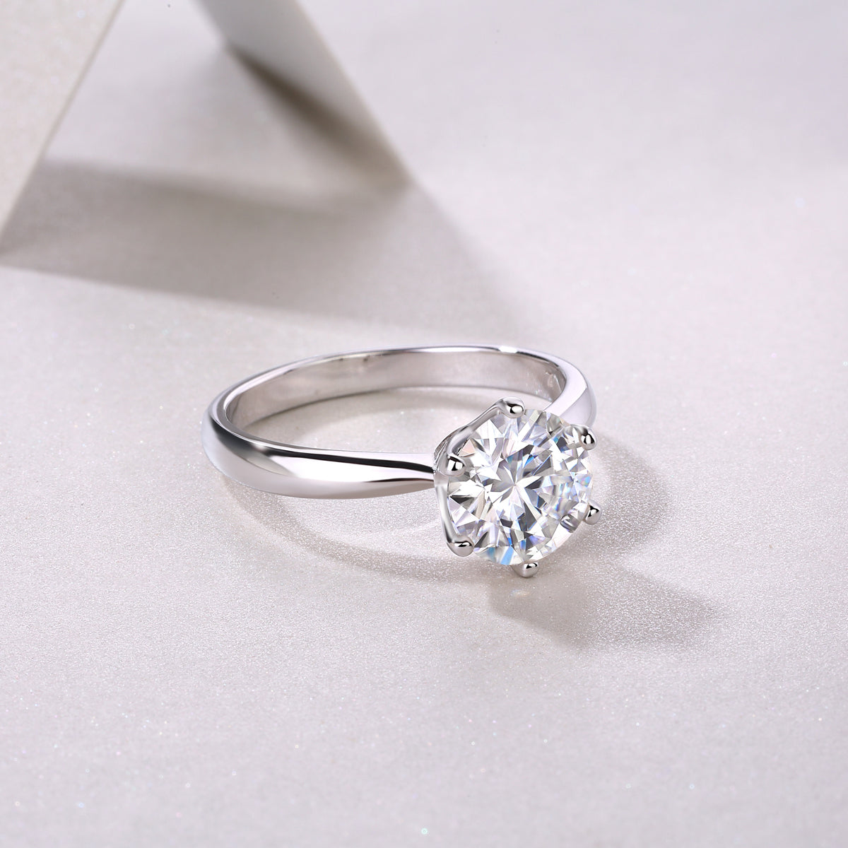 Classic Six-prong Moissan Diamond Sterling Silver Ring