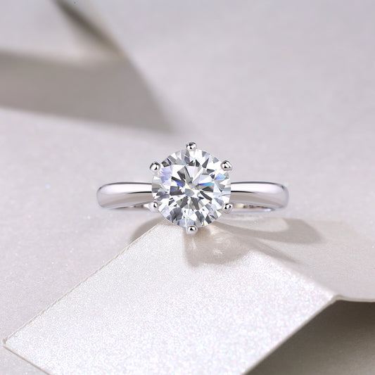 Classic Six-prong Moissan Diamond Sterling Silver Ring