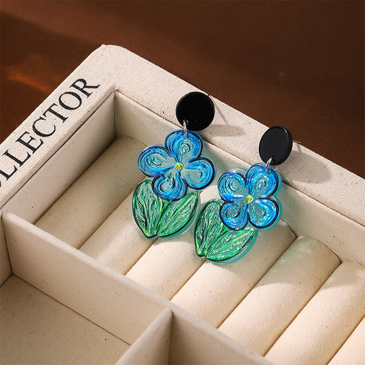 High-grade Oil Painting Blue Summer Flower Earrings