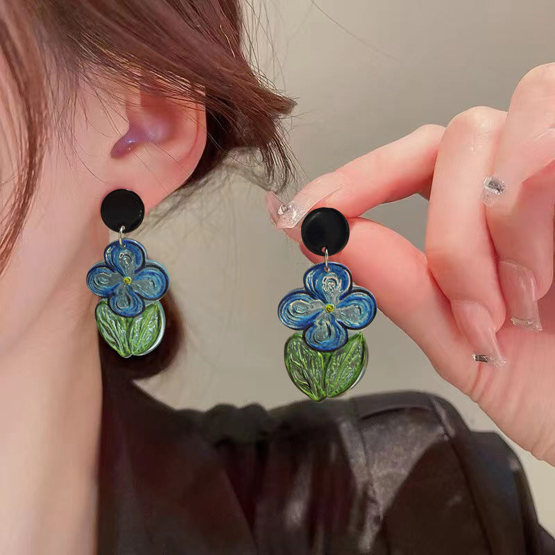 High-grade Oil Painting Blue Summer Flower Earrings