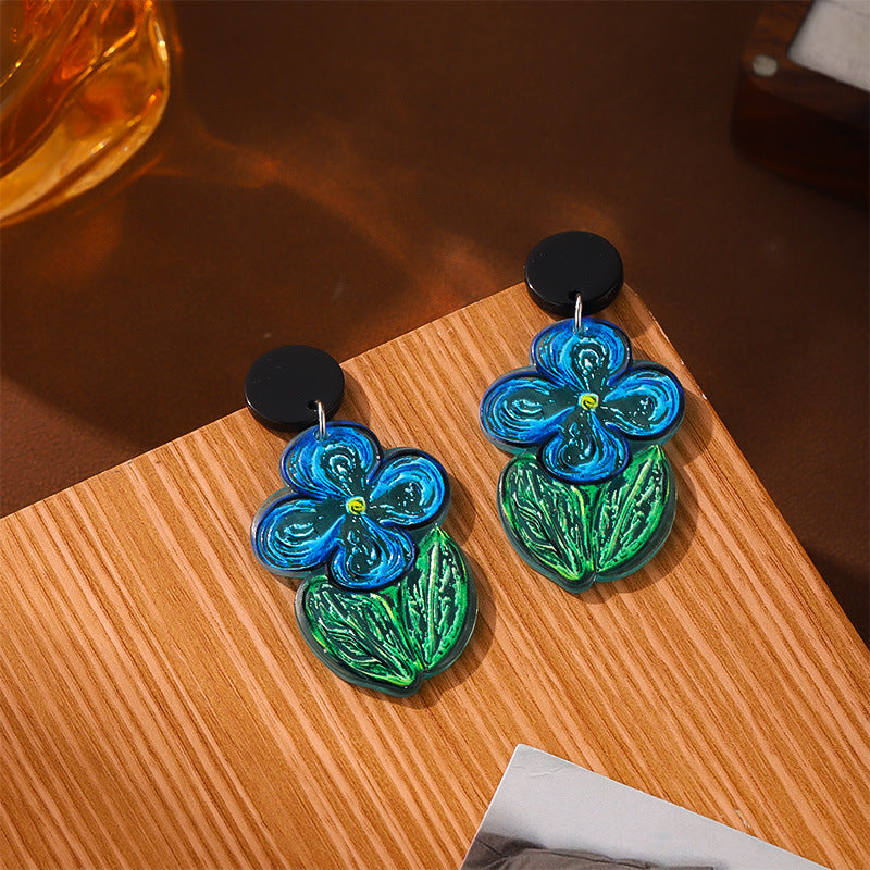 High-grade Oil Painting Blue Summer Flower Earrings