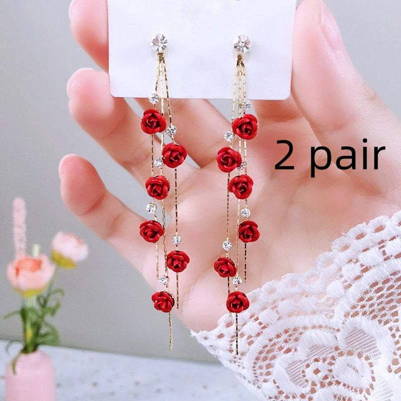 Long Wild Flower Rhinestone Tassel Earrings