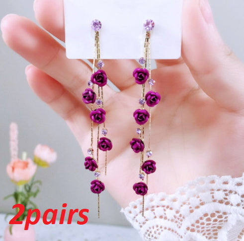Long Wild Flower Rhinestone Tassel Earrings